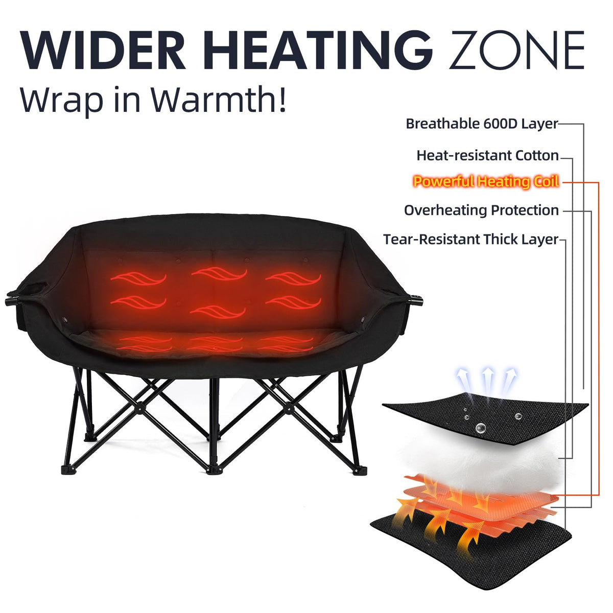 Heated Oversized Camping Chair - Heavy Duty Padded Comfy Warm Outdoor Chair
