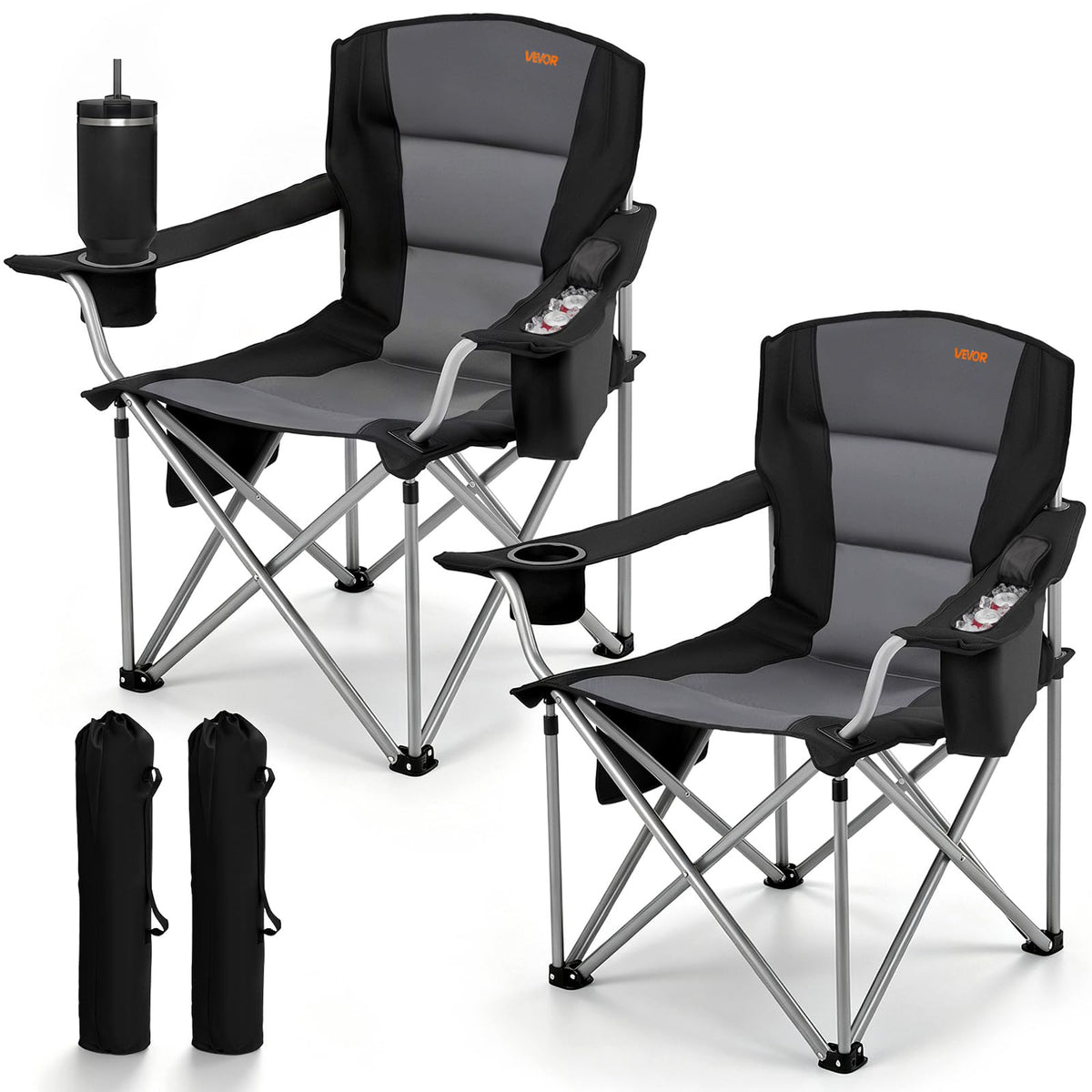 VEVOR Oversized Camping Folding Chair, Portable Heavy Duty Outdoor Quad Lumbar Back Padded with Side Pockets, Cup Holder and Cooler Bag for Beach, Lawn, Picnic, Fishing, Backpacking, Black