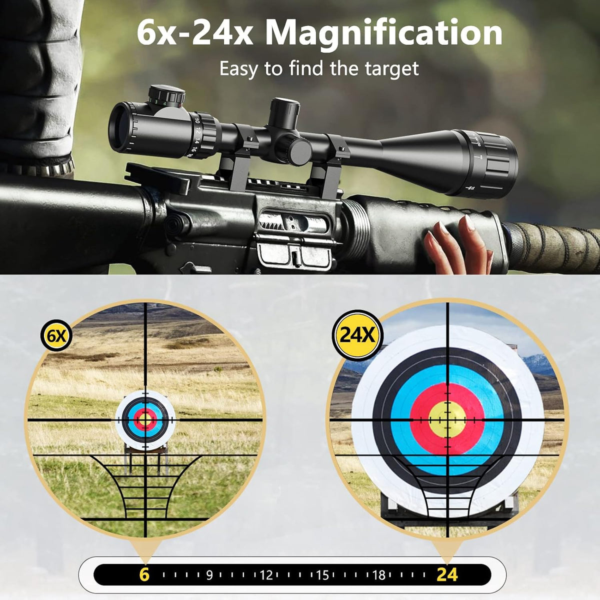 CVLIFE Rifle Scope 6-24x50 AO Red and Green Illuminated Long Range Scope for Hunting with Scope Rings