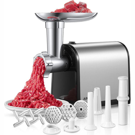 Electric Meat Grinder, Sausage Stuffer with 3 Sausage Tubes, 2 Blades, 3 Plates, 3200W Max, Meat Grinder Heavy Duty for Home Kitchen Use, Stainless Steel (Black)
