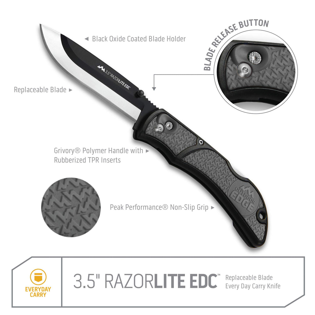 OUTDOOR EDGE 3.5" RazorLite EDC Pocket Knife (Obsidian Black), with Replaceable Blades and Clip, Perfect Carry Knive for Camping, Hunting and Survival, Includes 12 Black Steel Drop Point Blades