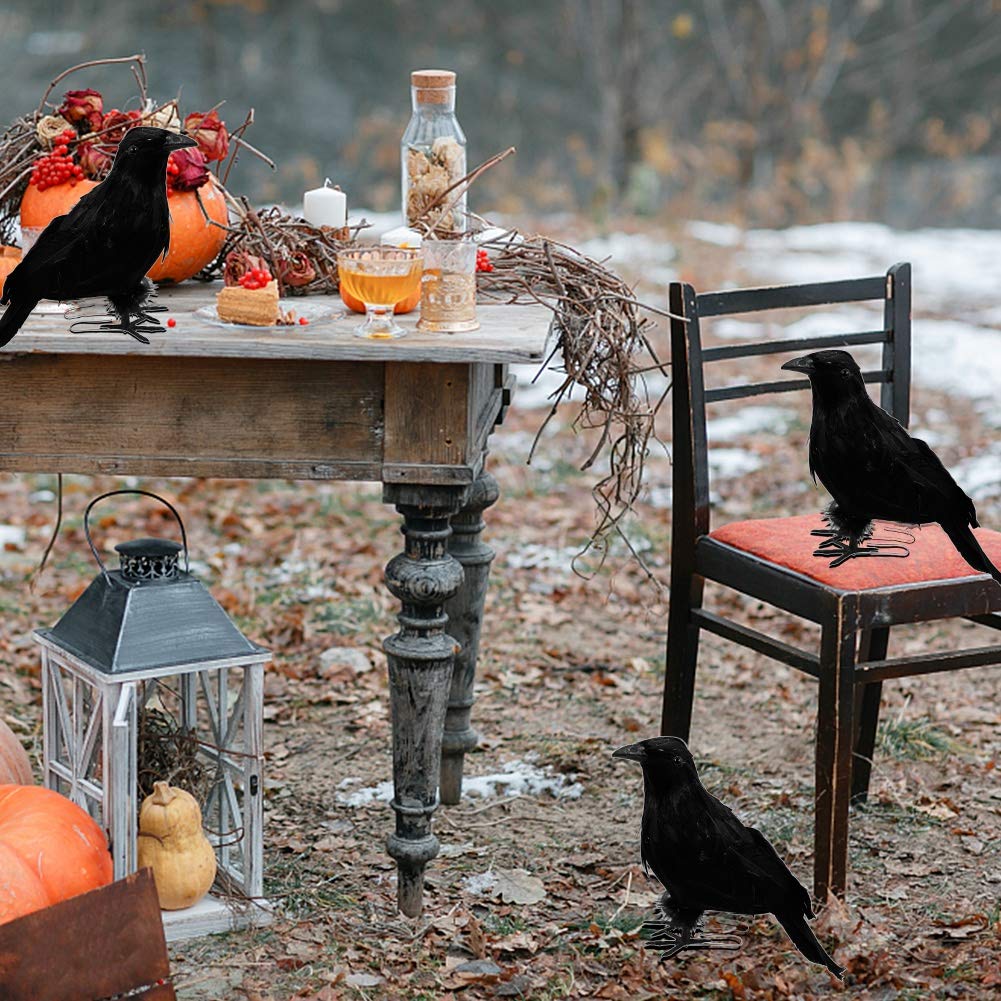 FUNPENY Halloween Black Feathered Crows, 3 Pack Black Crows with Real Feather Halloween Decoration for Indoor Outdoor