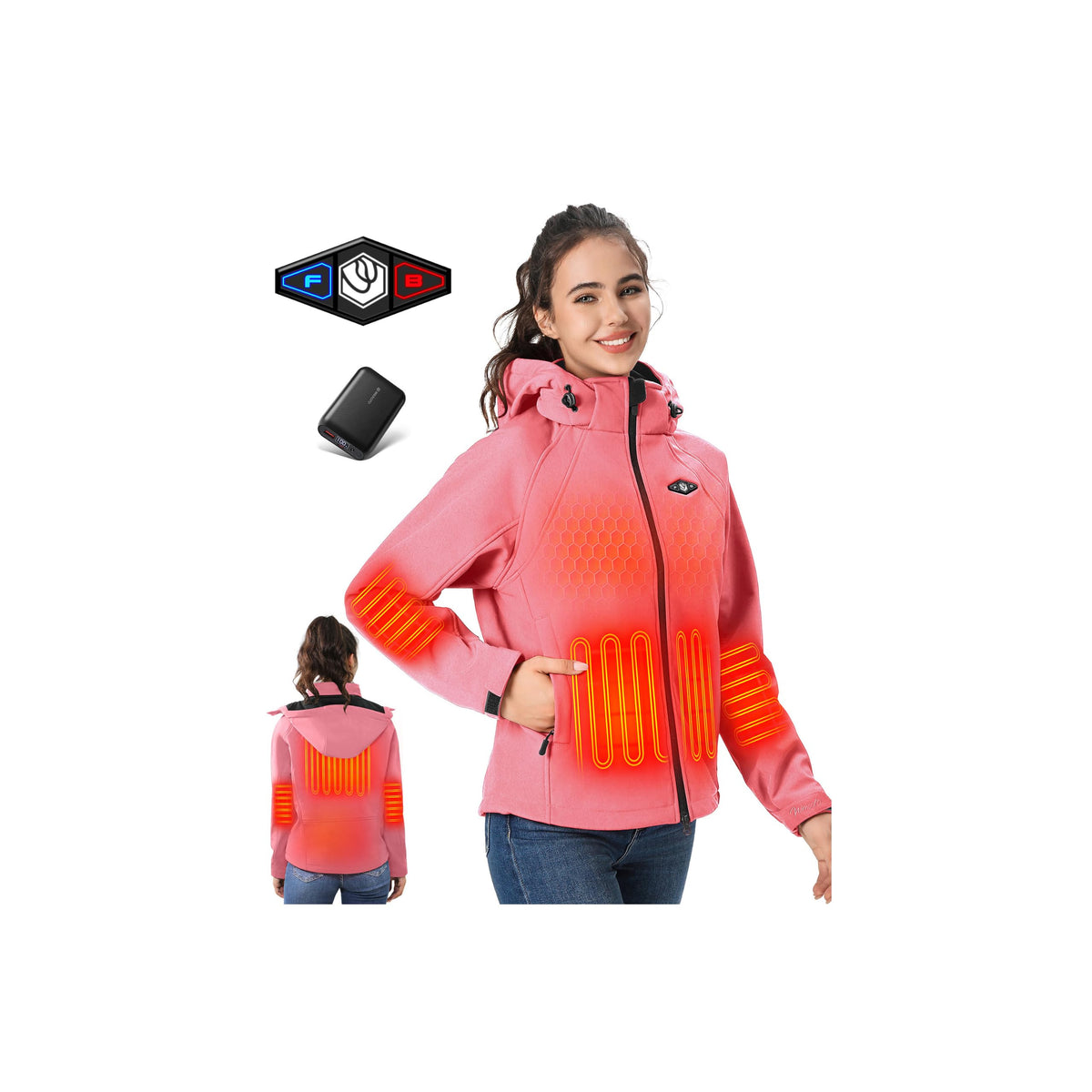 WASOTO Heated Jackets for Women 18400 mAh Battery Pack Water-Resistant Slim Fit with Detachable Hood Hiking Jackets
