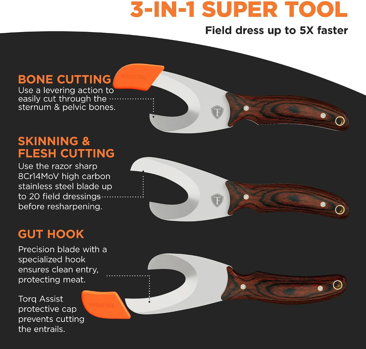 Field Dressing Kit | 3-in-1 Super Tool with Sheath & Sharpener | Gut Hook | Deer Hunting Knife Set | Pakkawood | Men's Hunting Gift Accessory