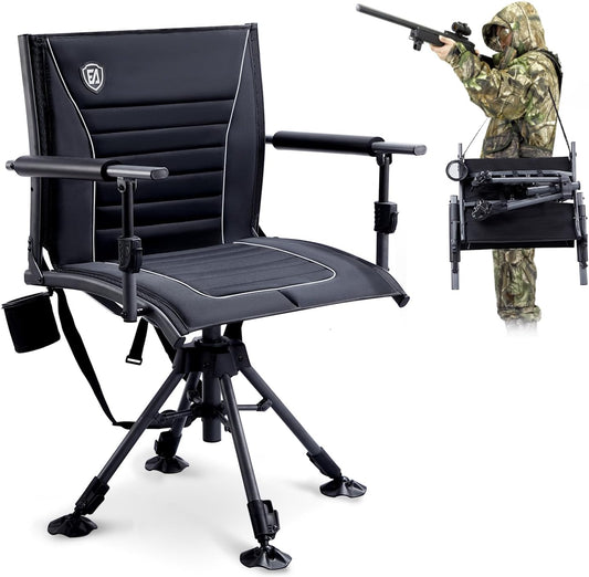 EVER ADVANCED 360° Silent Swivel Hunting Chair for Blinds, Adjustable Folding Hunting Seats with Armrests for Outdoor Activities, Fishing, Support 400lbs, Black