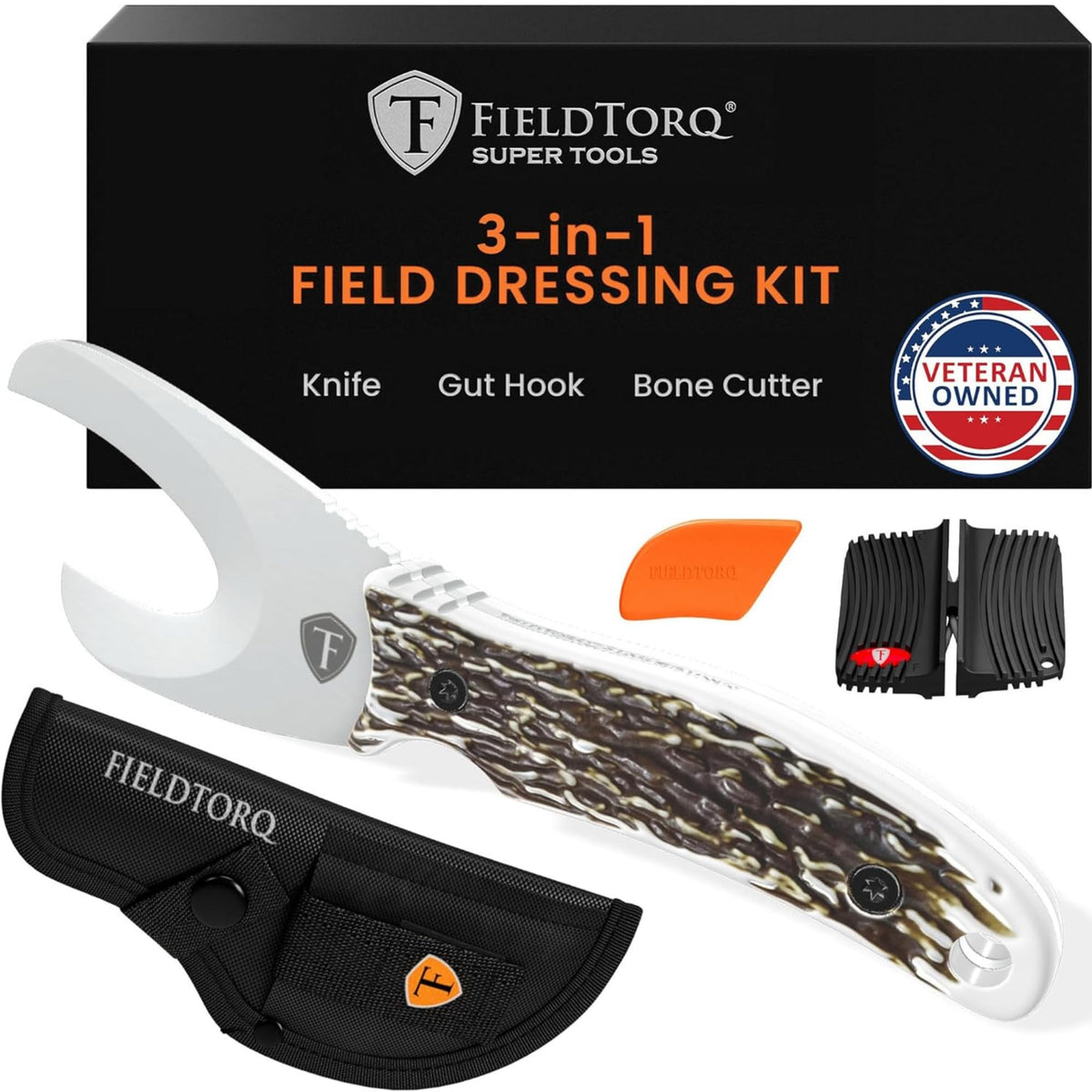 Field Dressing Kit | 3-in-1 Super Tool with Sheath & Sharpener | Gut Hook | Deer Hunting Knife Set | Pakkawood | Men's Hunting Gift Accessory
