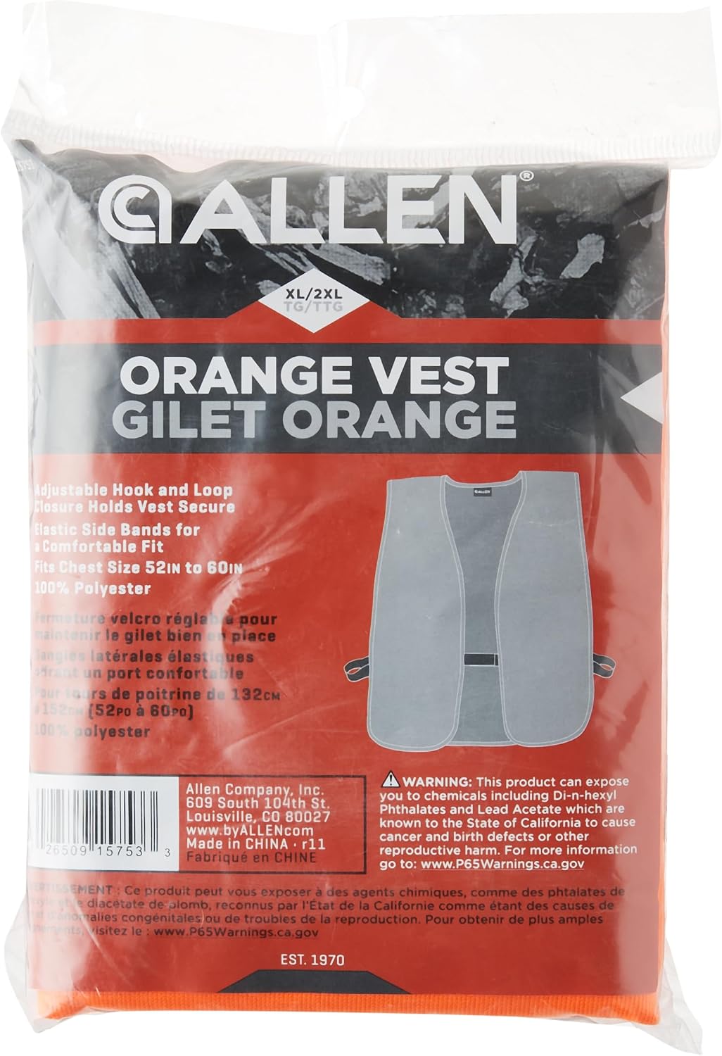 Allen Company Adult Blaze Orange Hunting Vest with a Hook and Loop Closure-High-Visibility Saftey Gear for Men and Women