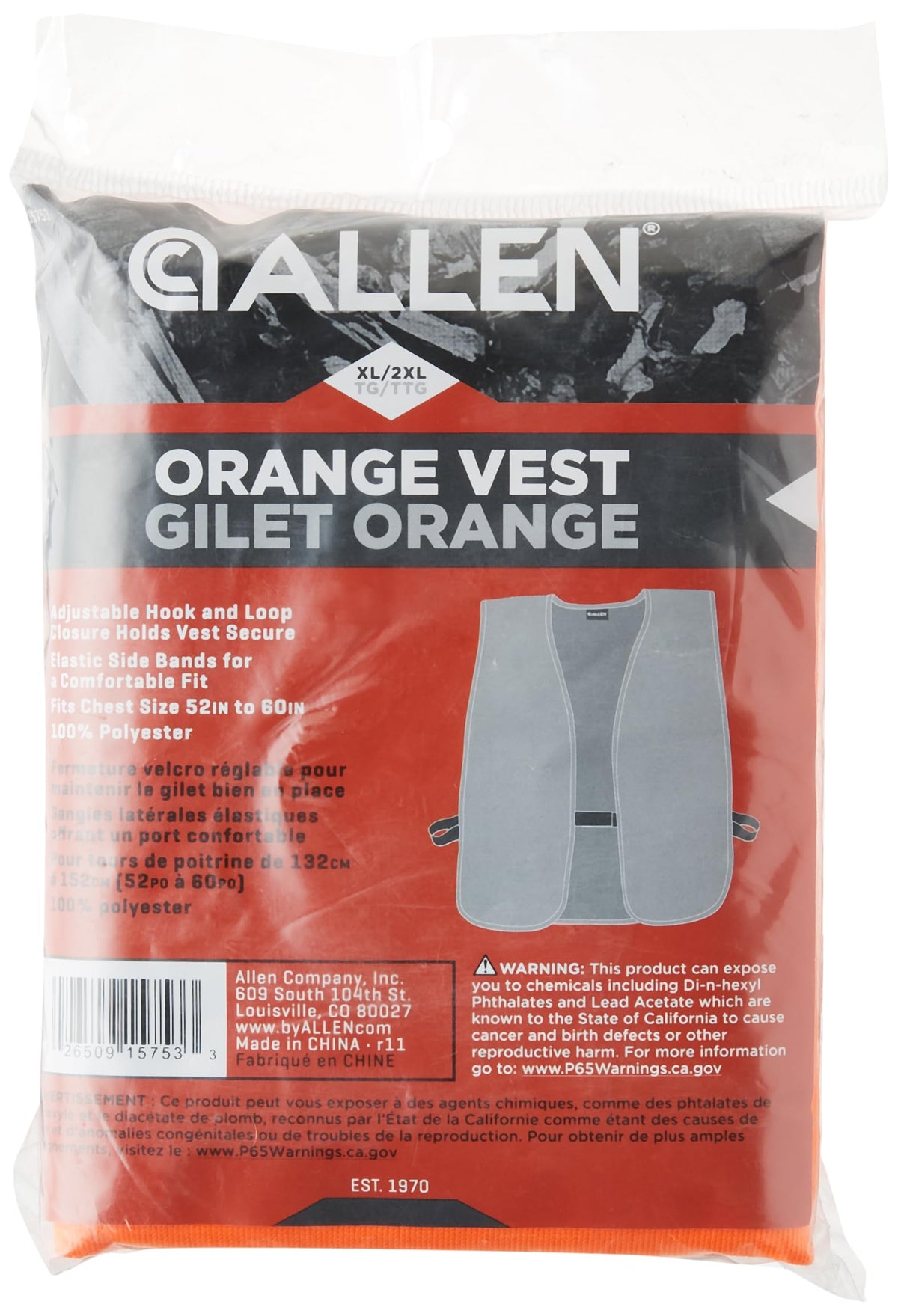 Allen Company Adult Blaze Orange Hunting Vest with a Hook and Loop Closure-High-Visibility Saftey Gear for Men and Women