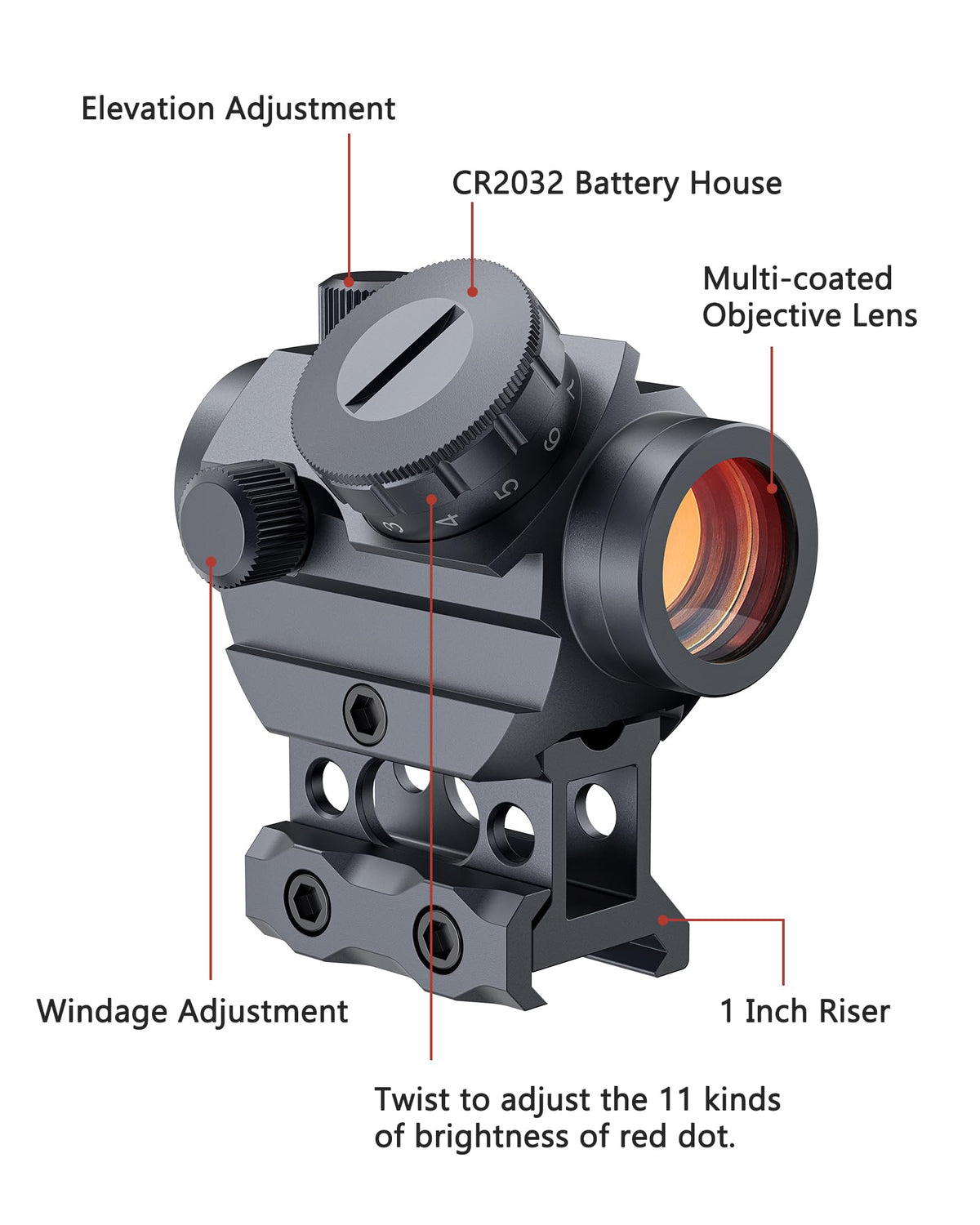 MidTen 2MOA Red Dot Sight 1x25mm Reflex Sight Waterproof & Shockproof & Fog-Proof Red Dot Scope with 1 inch Riser Mount