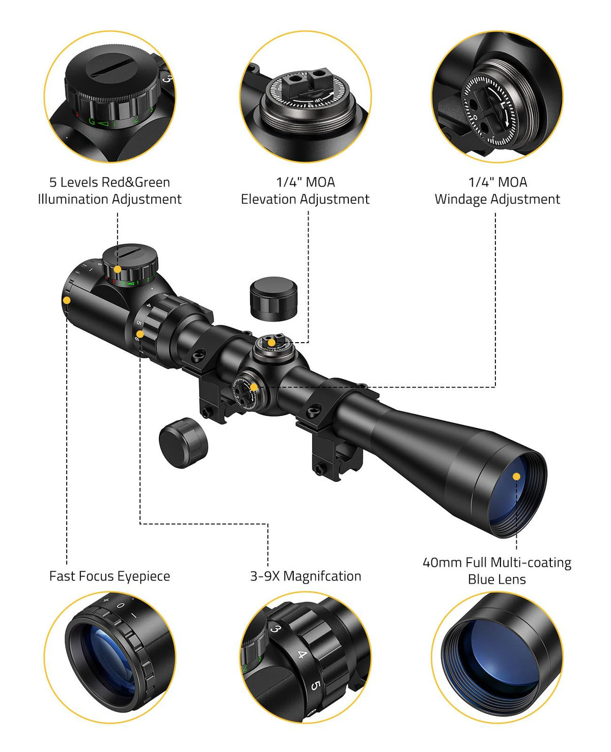 CVLIFE 3-9x40 Rifle Scope, Red & Green Illuminated Optical Riflescope, 1 inch Tube Scope for Hunting with Mounts