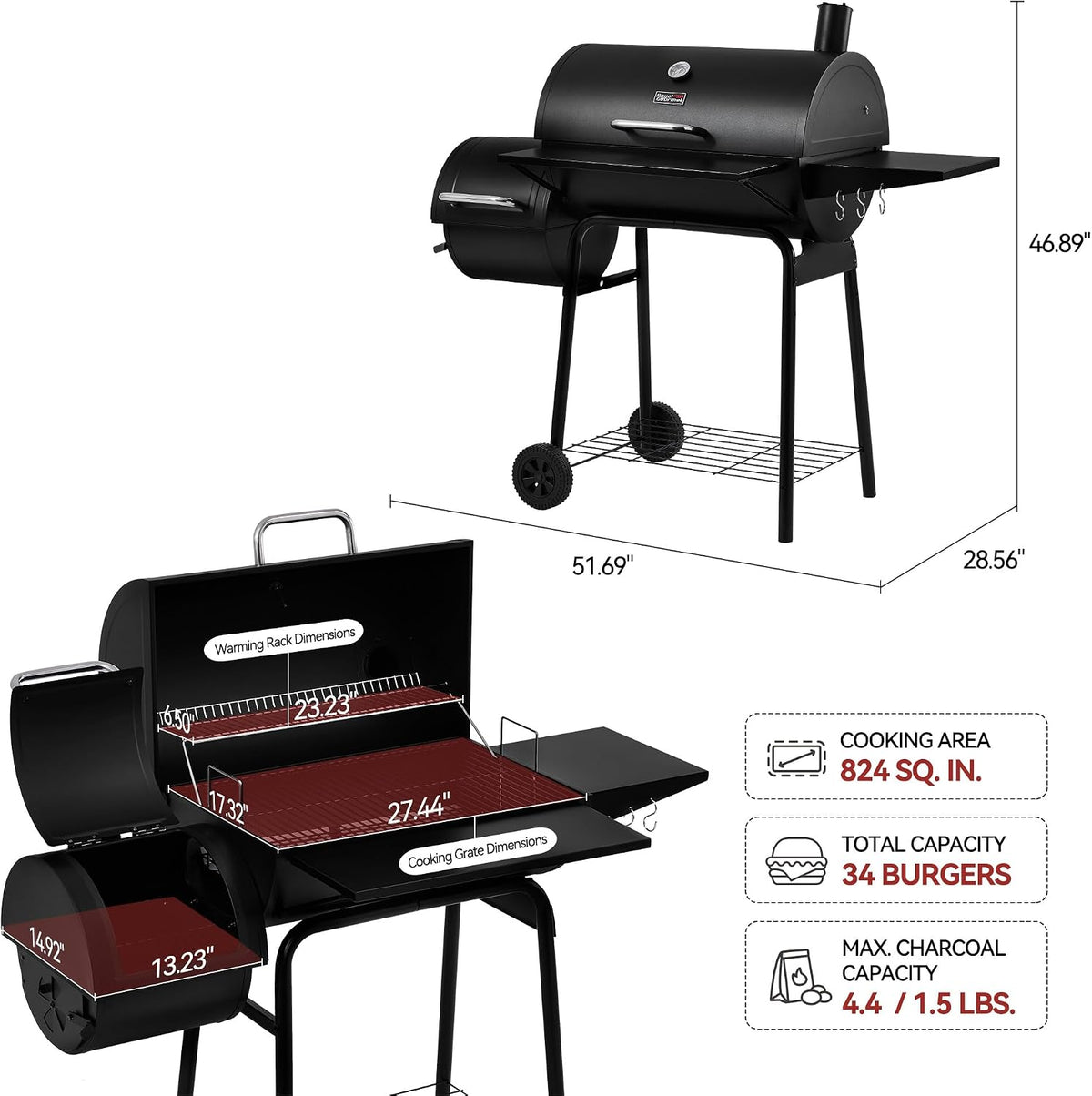 Royal Gourmet CC1830S BBQ Charcoal Grill and Offset Smoker, Outdoor Camping