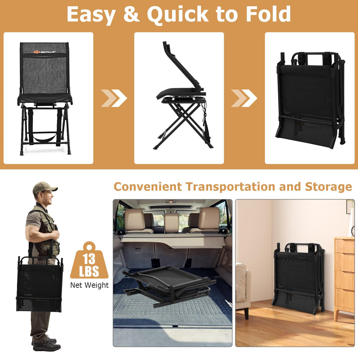 Goplus Hunting Chair, 360° Swivel Folding Hunting Blind Chair with Carrying Strap, 330LBS Capacity, Portable Deer Hunting Stool, Silent Ground Dove Hunting Chair, No Assembly