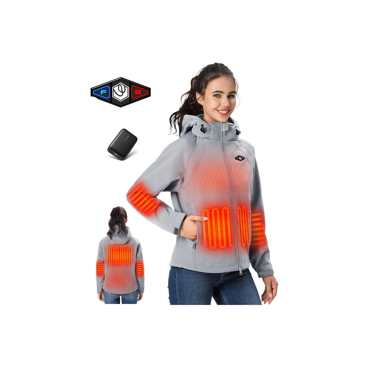 WASOTO Heated Jackets for Women 18400 mAh Battery Pack Water-Resistant Slim Fit with Detachable Hood Hiking Jackets
