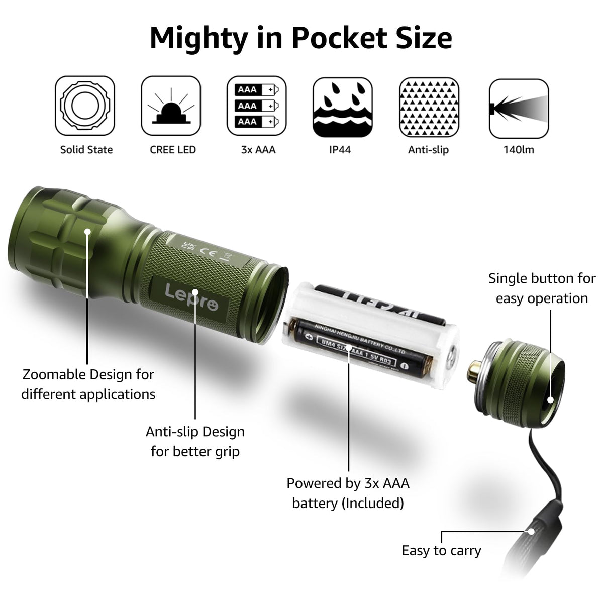 Lepro LED White Light Flashlight, High Lumens Waterproof Adjustable Focus