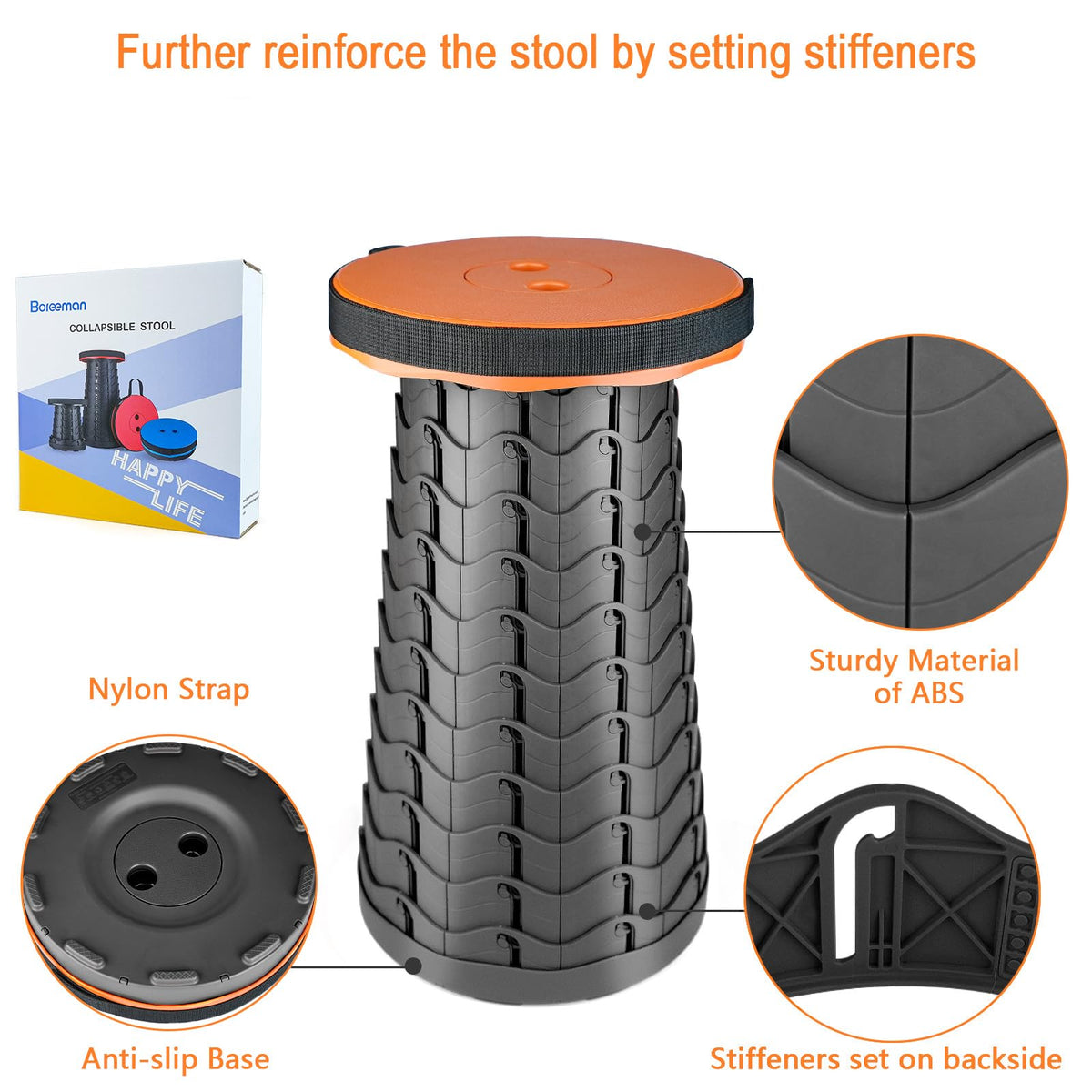 Boreeman Upgraded Folding Stool Lightweight Yet More Sturdy with Load Capacity 400lbs Portable Collapsible Stool for Camping Fishing Hiking BBQ (Blue)