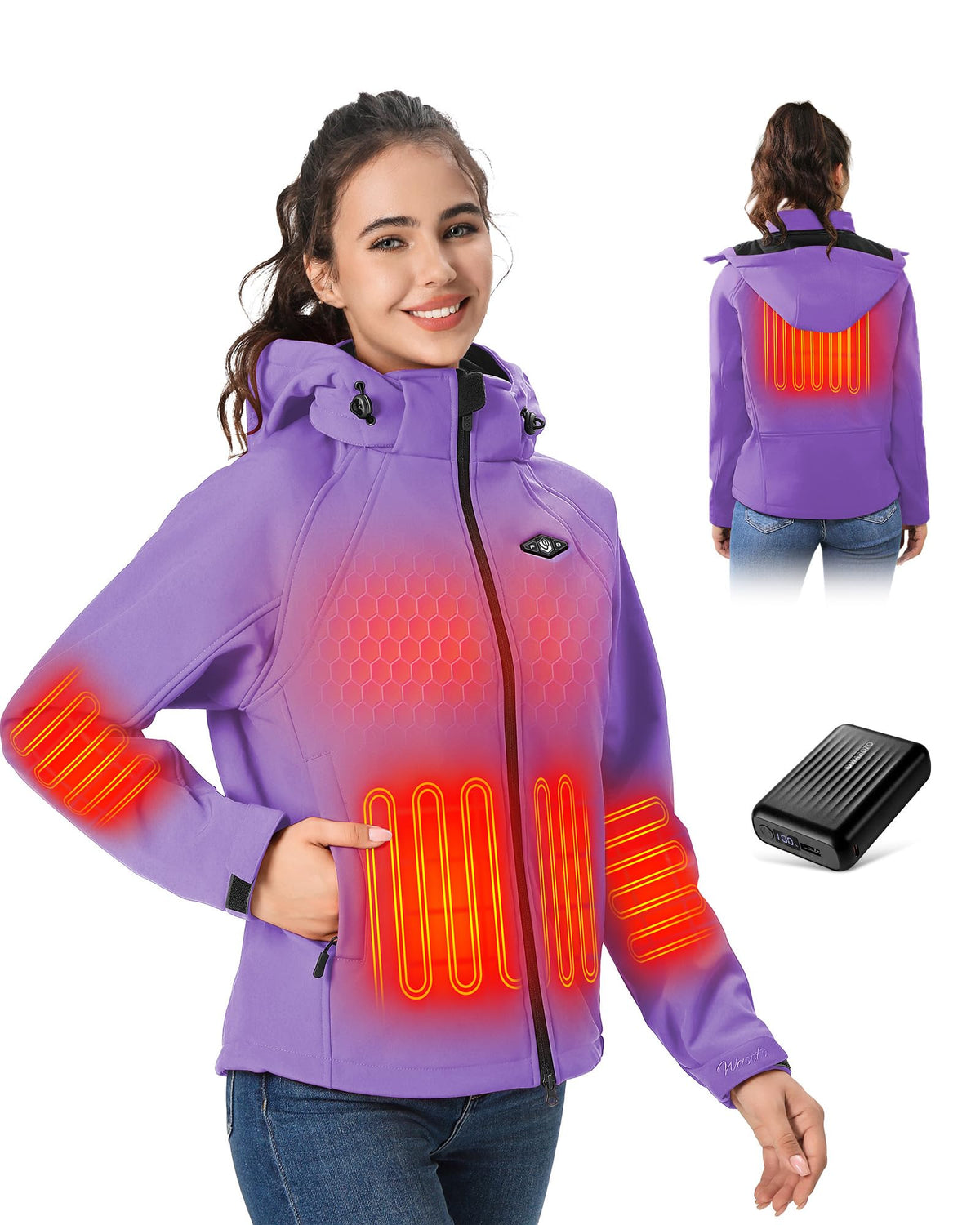 WASOTO Heated Jackets for Women 18400 mAh Battery Pack Water-Resistant Slim Fit with Detachable Hood Hiking Jackets
