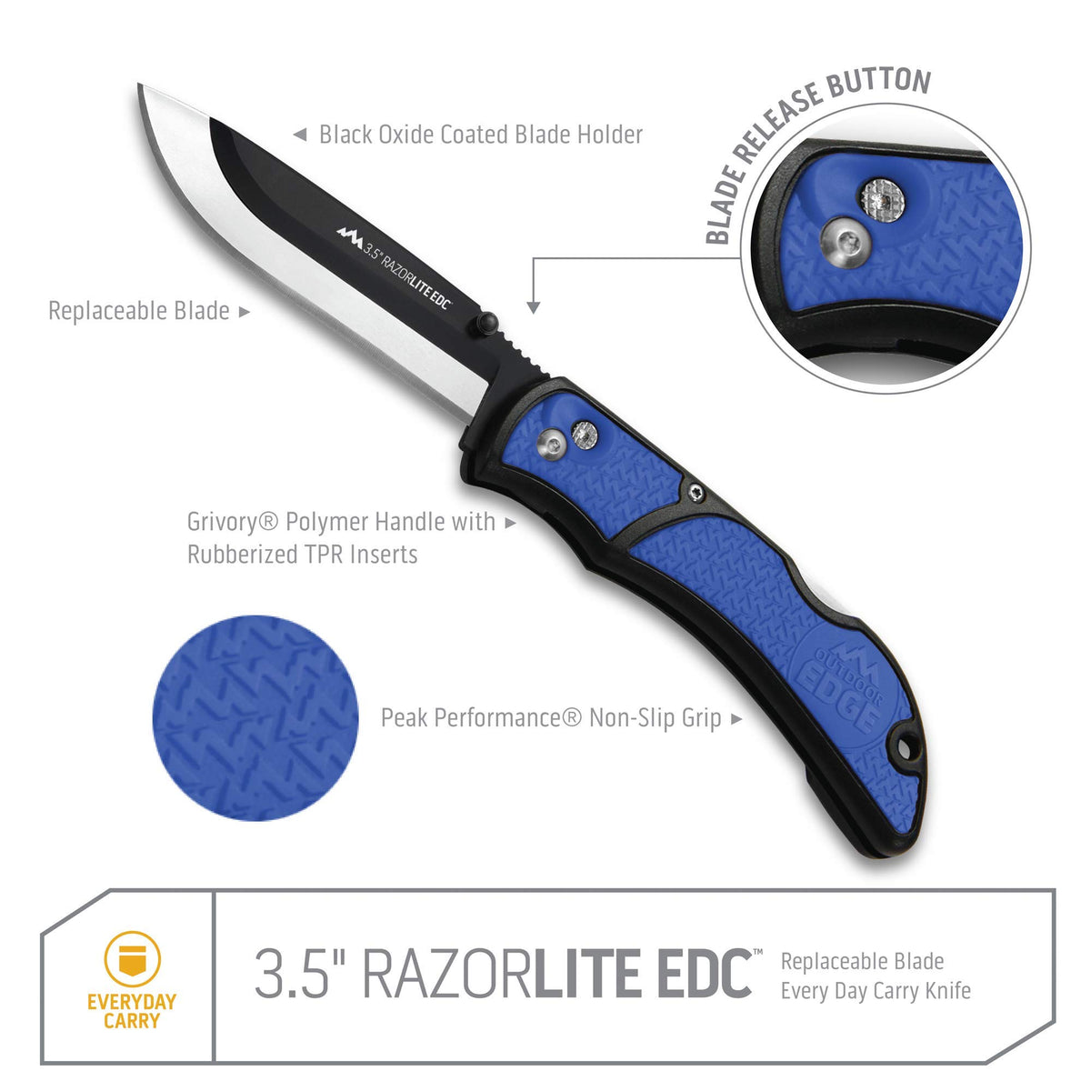 OUTDOOR EDGE 3.5" RazorLite EDC Pocket Knife (Obsidian Black), with Replaceable Blades and Clip, Perfect Carry Knive for Camping, Hunting and Survival, Includes 12 Black Steel Drop Point Blades
