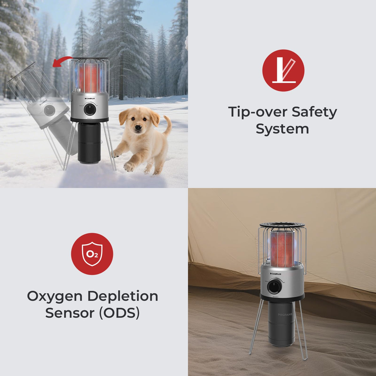 CAMPLUX Portable Propane Heater Outdoor and Indoor, 12000 BTU LP Gas Buddy Heater for Camping with ODS & Tip-over Protection, 1lb Propane Radiant Heating with LED light, Red