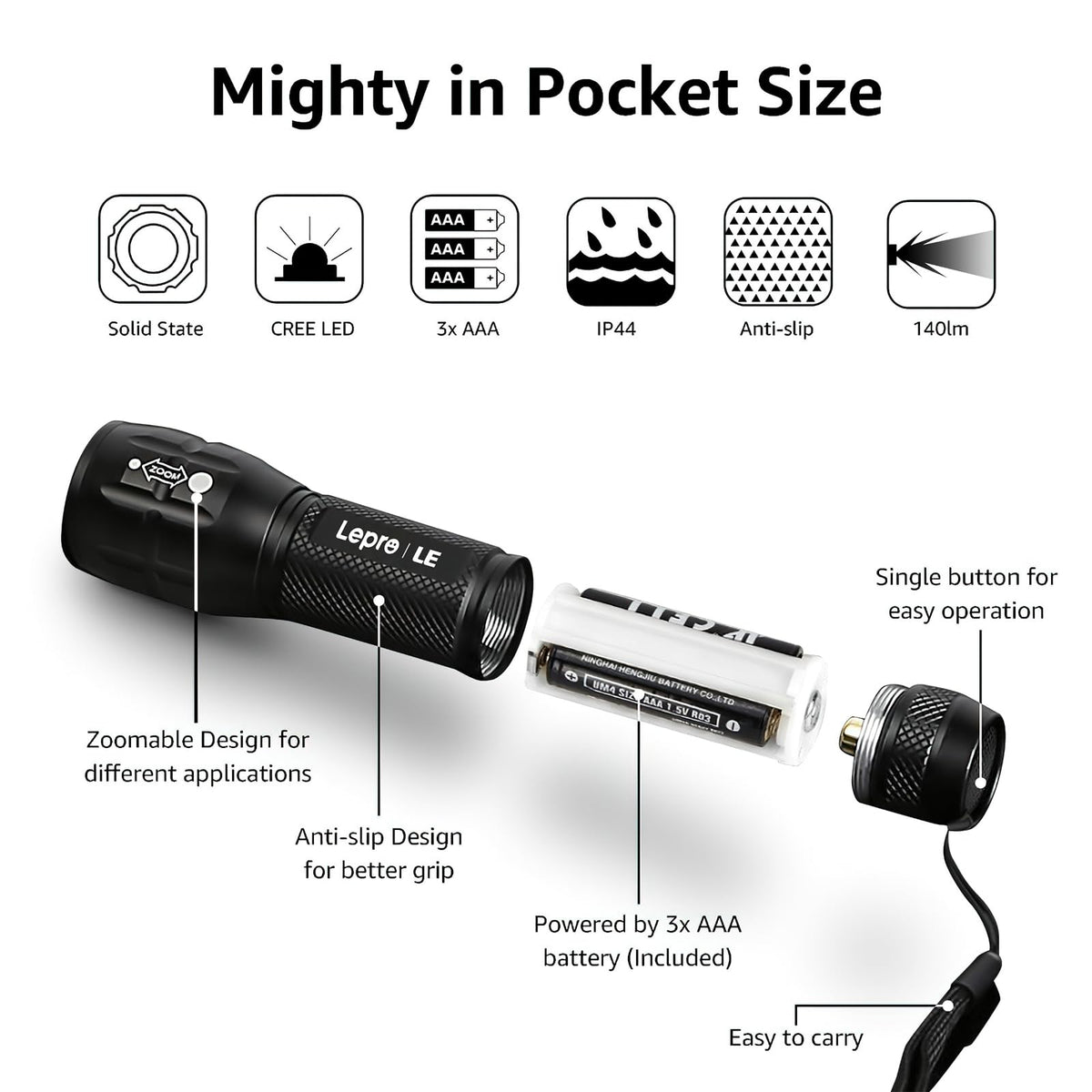 Lepro LED White Light Flashlight, High Lumens Waterproof Adjustable Focus