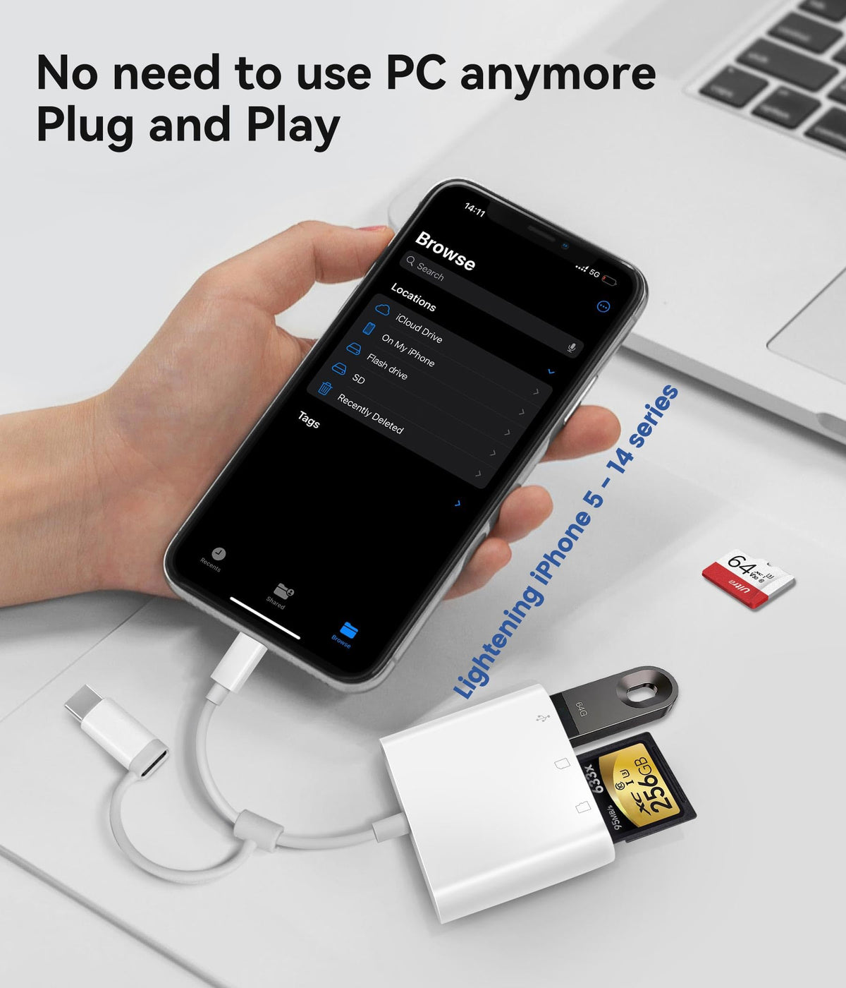 SD Card Reader for iPhone iPad, Oyuiasle Digital Trail Camera SD Card Viewer with Dual Slot for MicroSD/SD, Lightening&USBC Dual-Connector Memory Card Adapter for Photography, Plug and Play