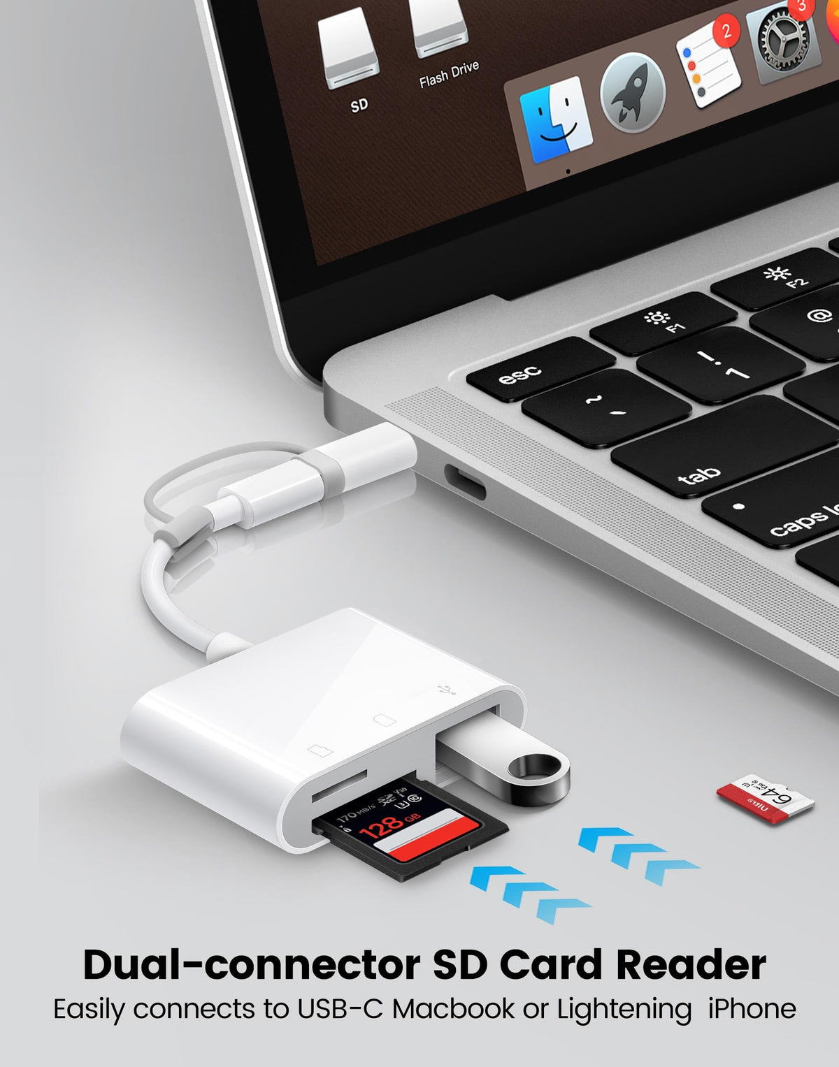SD Card Reader for iPhone iPad, Oyuiasle Digital Trail Camera SD Card Viewer with Dual Slot for MicroSD/SD, Lightening&USBC Dual-Connector Memory Card Adapter for Photography, Plug and Play