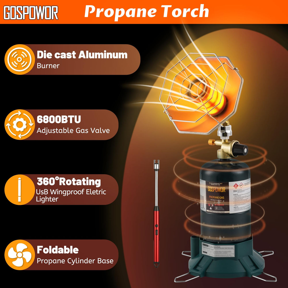 Portable Outdoor Heater with 8FT Hose, 9000 BTU Propane Heater Fuel by Butane/Propane, Self-Ignition, Tip-over&Low-Oxygen Safety Shutoff, Compact Camping&RV Heater for Tents, Hiking(Fuel not included)