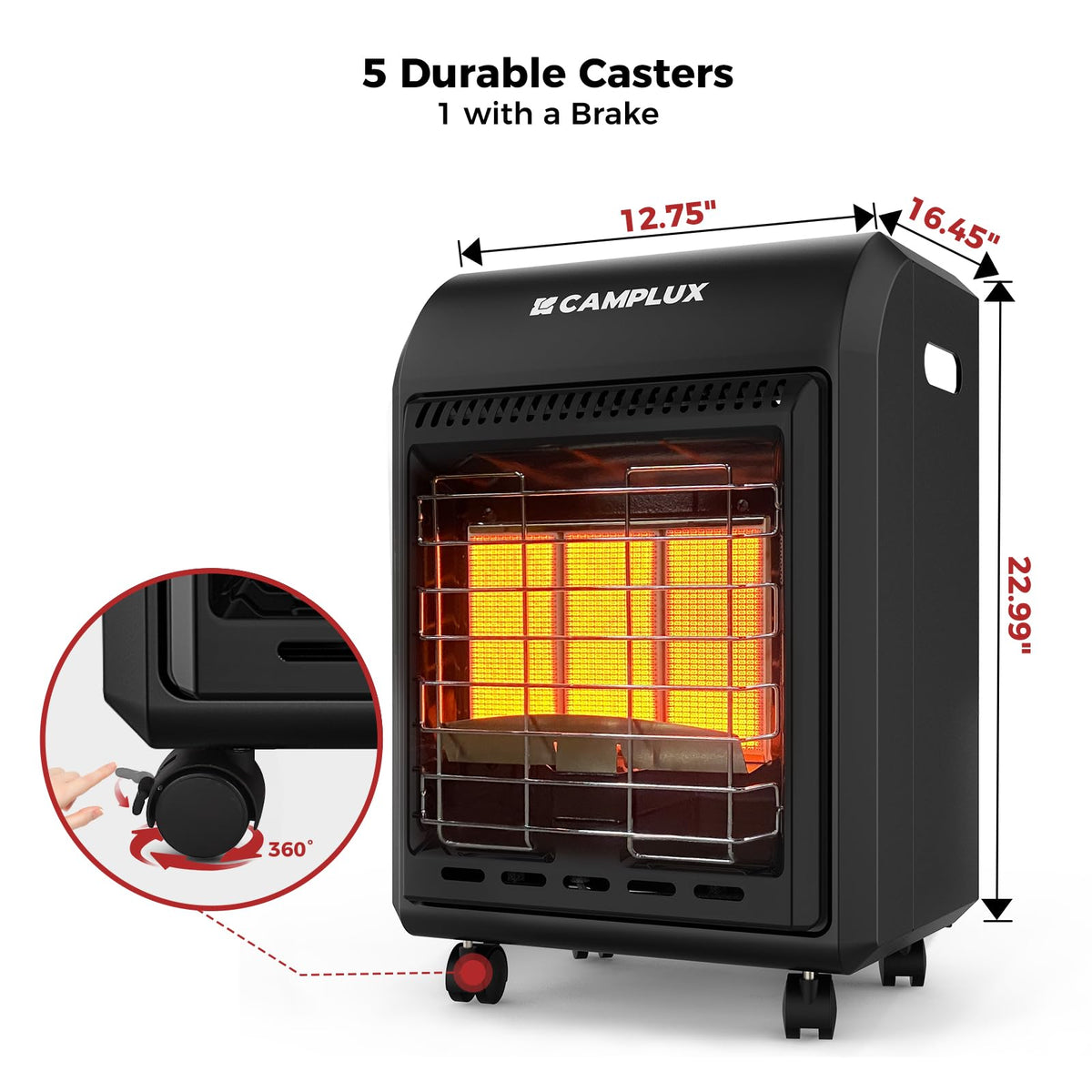 CAMPLUX Portable Propane Heater Outdoor and Indoor, 12000 BTU LP Gas Buddy Heater for Camping with ODS & Tip-over Protection, 1lb Propane Radiant Heating with LED light, Red