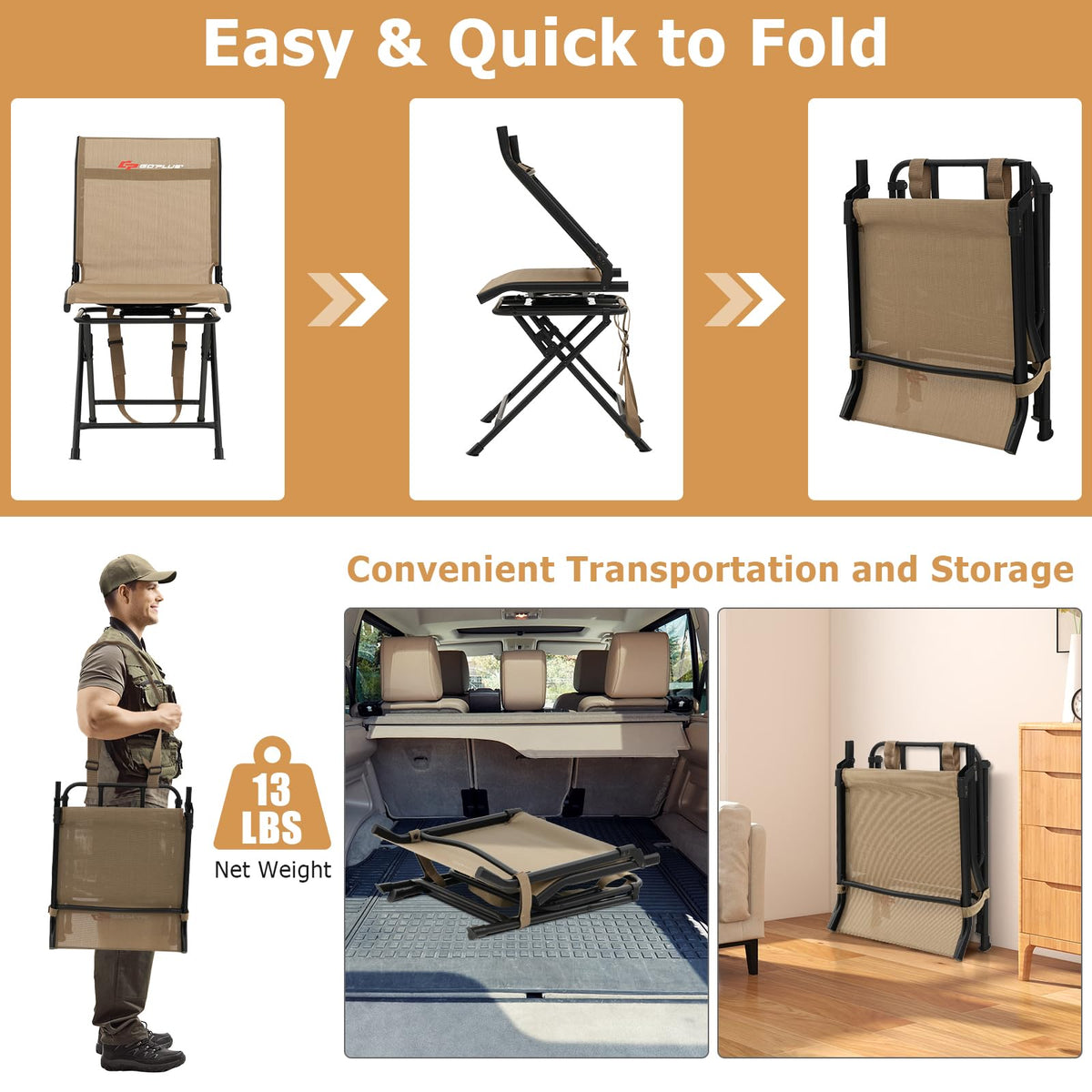 Goplus Hunting Chair, 360° Swivel Folding Hunting Blind Chair with Carrying Strap, 330LBS Capacity, Portable Deer Hunting Stool, Silent Ground Dove Hunting Chair, No Assembly