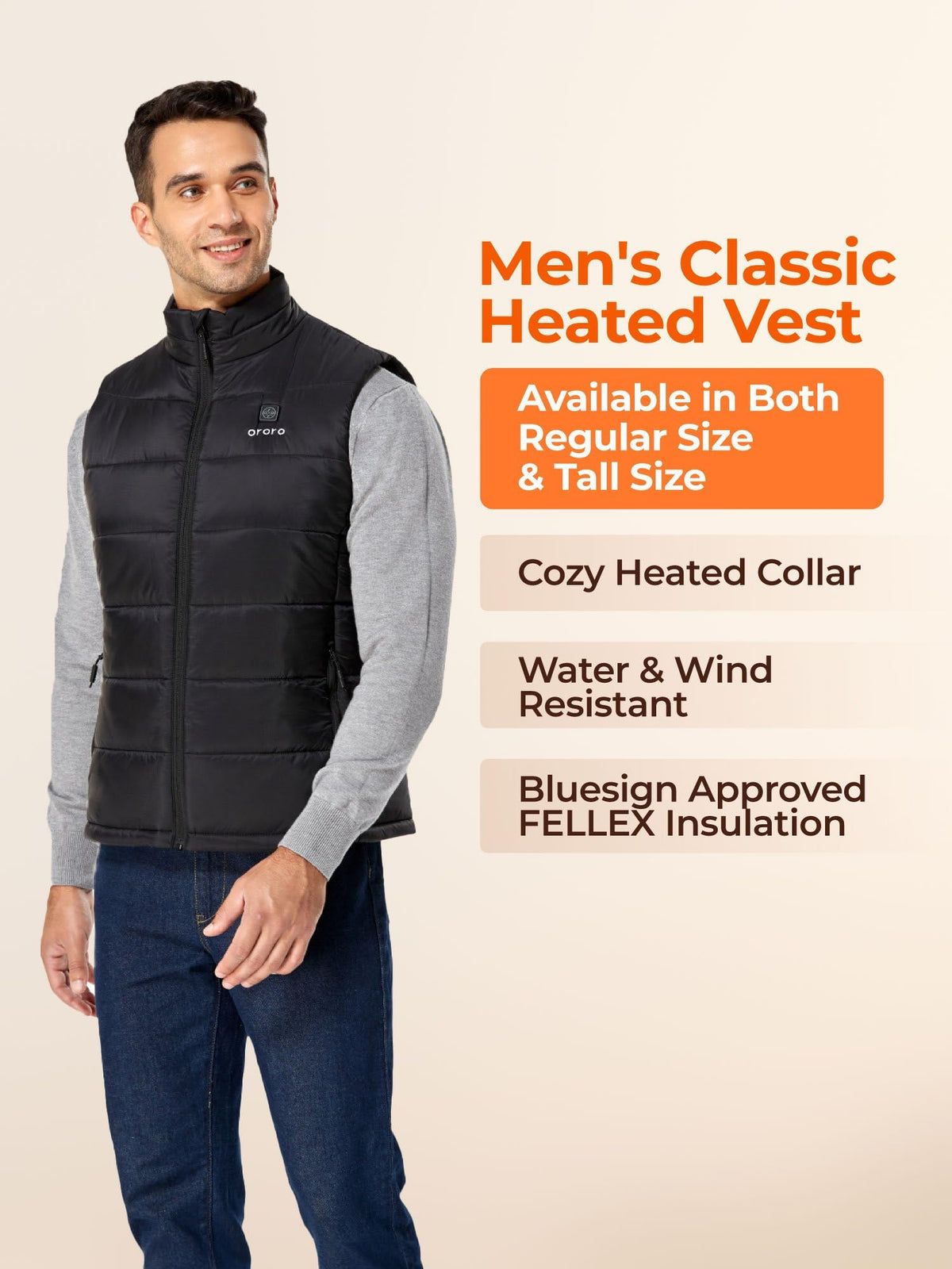 ORORO Men's Heated Vest Lightweight 4-Zone USB-C Battery Heated Puffer Vest