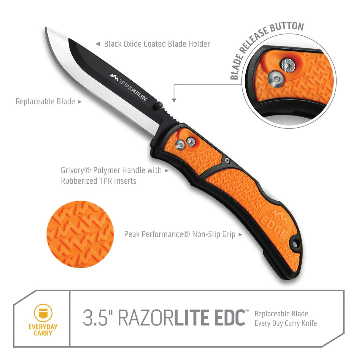 OUTDOOR EDGE 3.5" RazorLite EDC Pocket Knife (Obsidian Black), with Replaceable Blades and Clip, Perfect Carry Knive for Camping, Hunting and Survival, Includes 12 Black Steel Drop Point Blades
