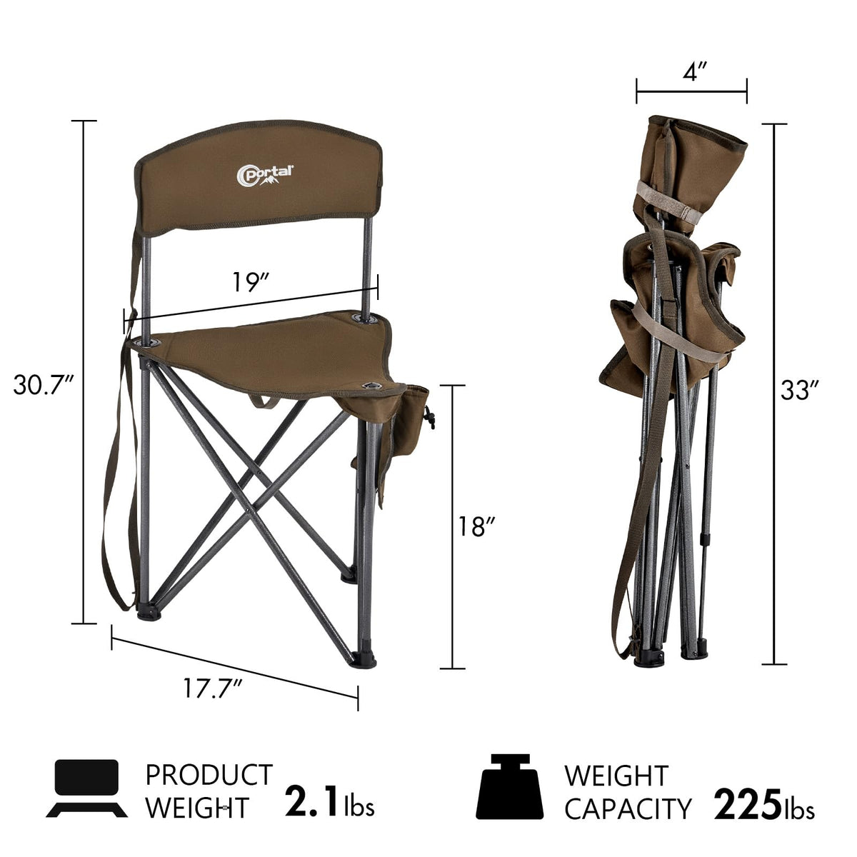Portal Extra Large Quick Folding Tripod Stool with Backrest Fishing Camping Chair with Carry Strap
