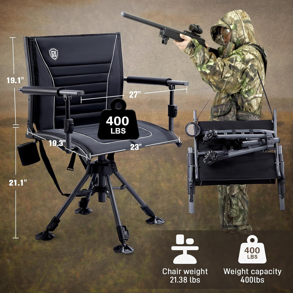 EVER ADVANCED 360° Silent Swivel Hunting Chair for Blinds, Adjustable Folding Hunting Seats with Armrests for Outdoor Activities, Fishing, Support 400lbs, Black