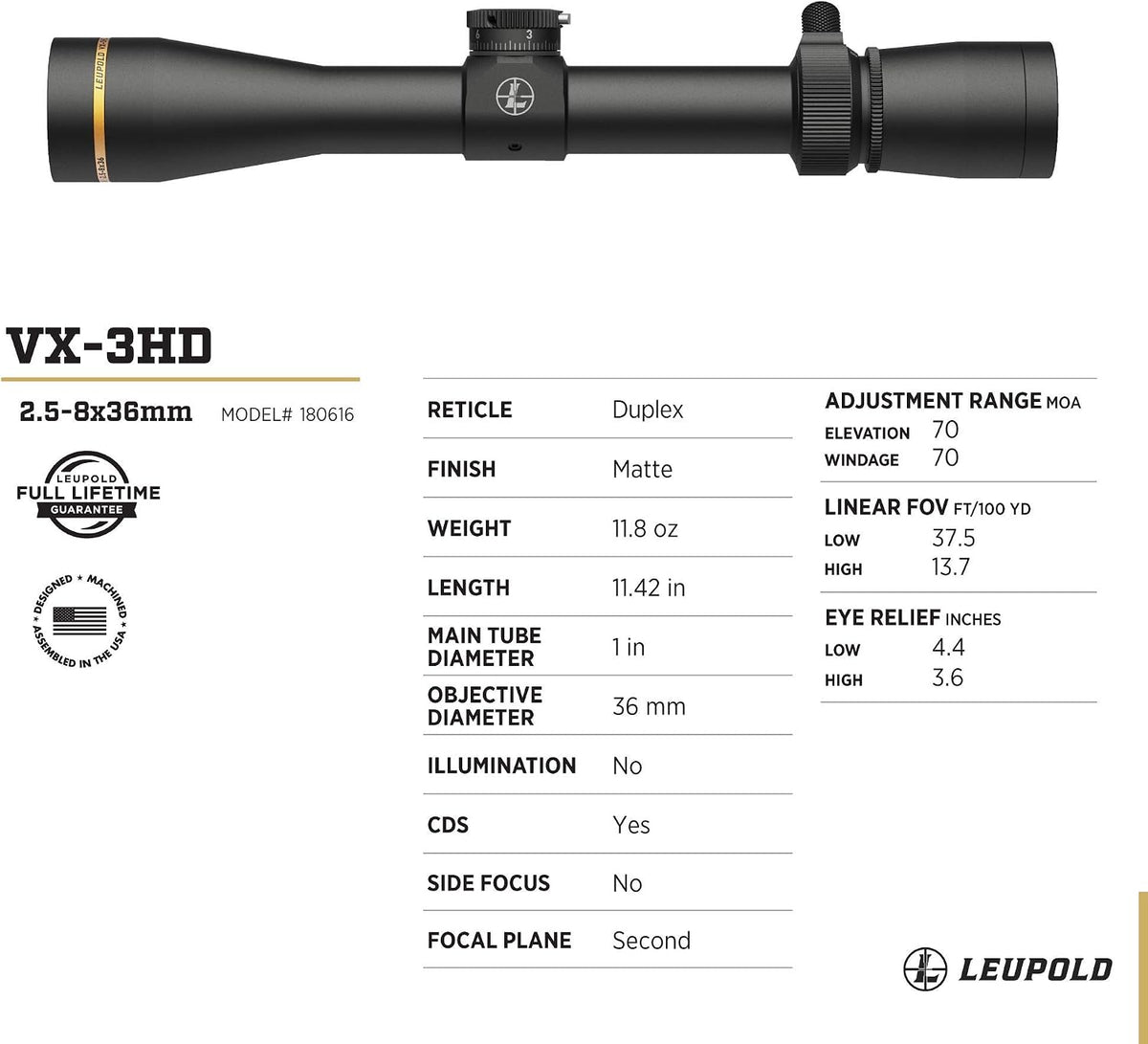 Leupold VX-3HD 2.5-8x36 (1 inch) CDS-ZL Duplex Reticle Riflescope