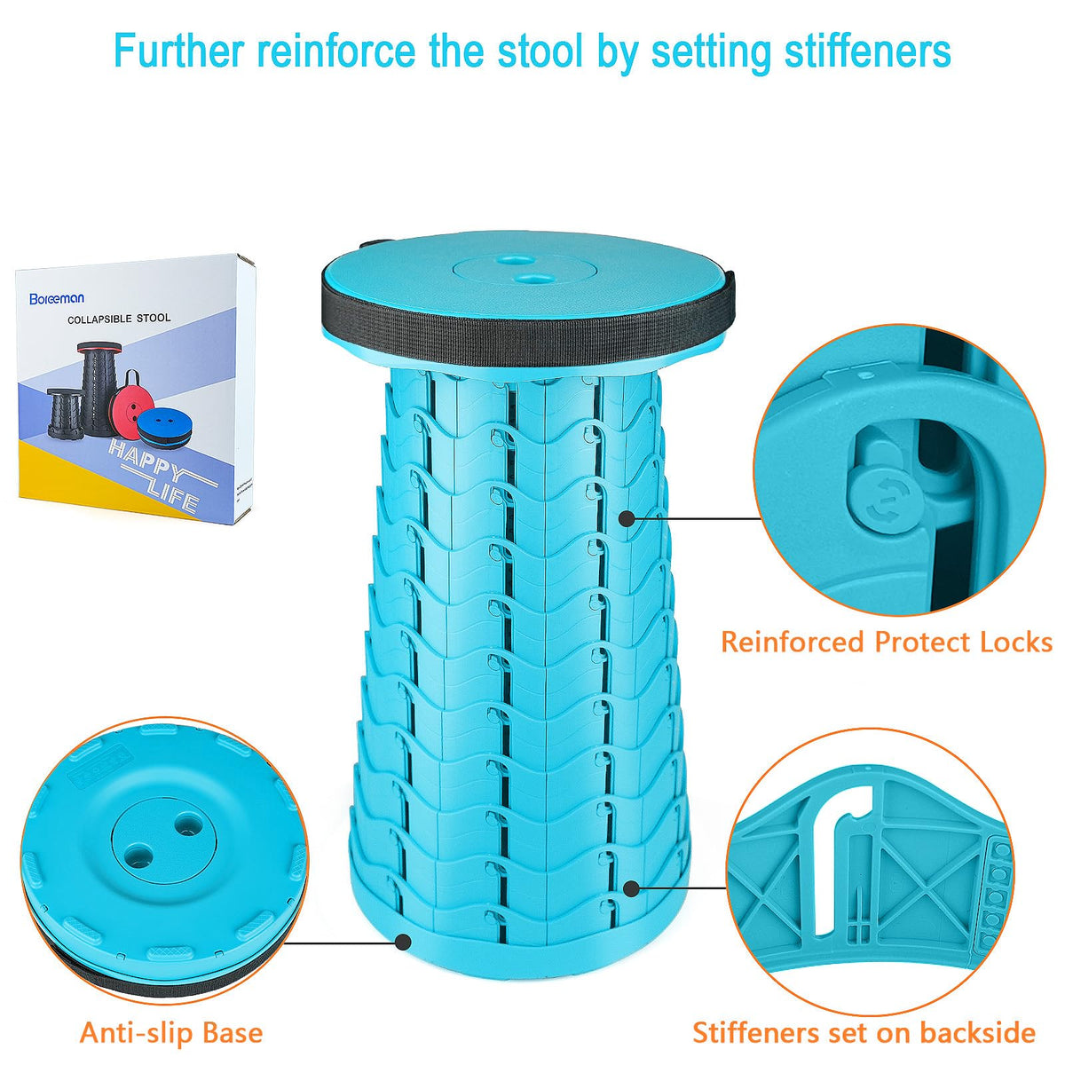 Boreeman Upgraded Folding Stool Lightweight Yet More Sturdy with Load Capacity 400lbs Portable Collapsible Stool for Camping Fishing Hiking BBQ (Blue)