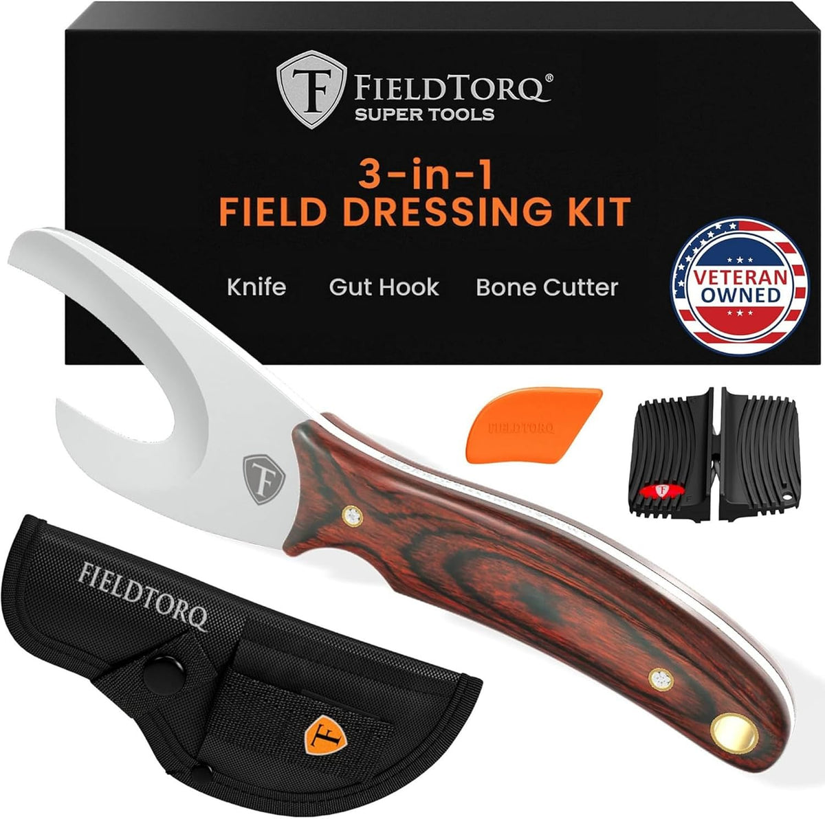 Field Dressing Kit | 3-in-1 Super Tool with Sheath & Sharpener | Gut Hook | Deer Hunting Knife Set | Pakkawood | Men's Hunting Gift Accessory