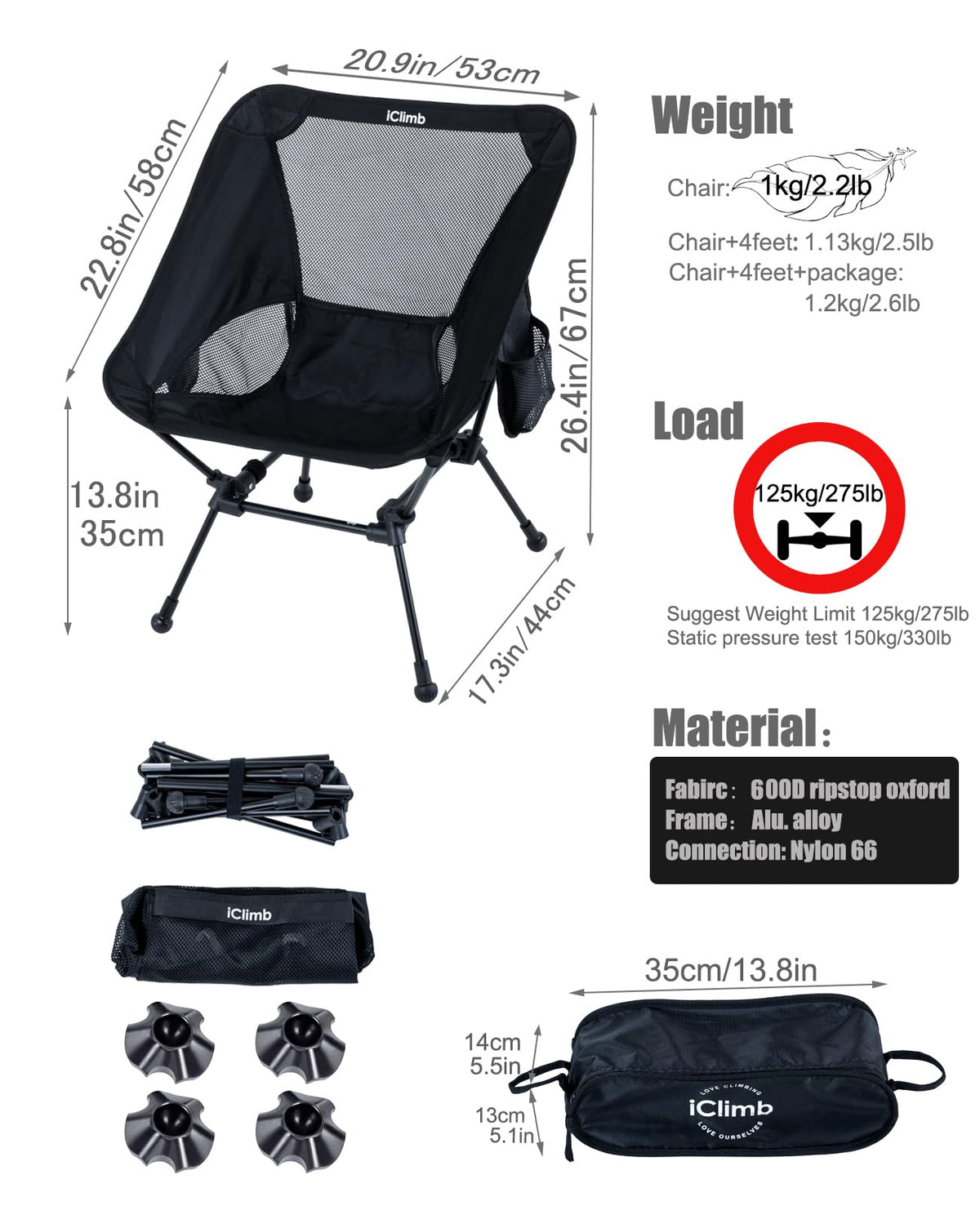 iClimb Ultralight Compact Folding Anti-Sinking Chair, Black