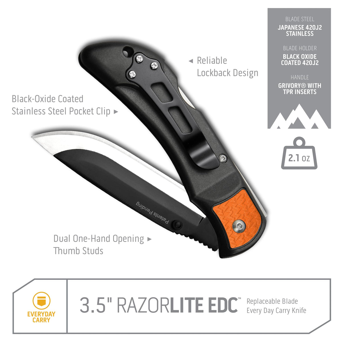 OUTDOOR EDGE 3.5" RazorLite EDC Pocket Knife (Obsidian Black), with Replaceable Blades and Clip, Perfect Carry Knive for Camping, Hunting and Survival, Includes 12 Black Steel Drop Point Blades