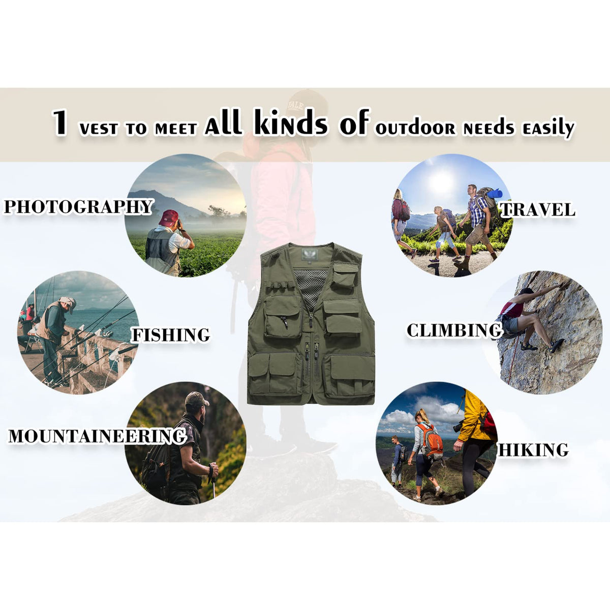 Flygo Men's Casual Lightweight Outdoor Fishing Work Safari Travel Photo Cargo Vest Jacket Multi Pockets