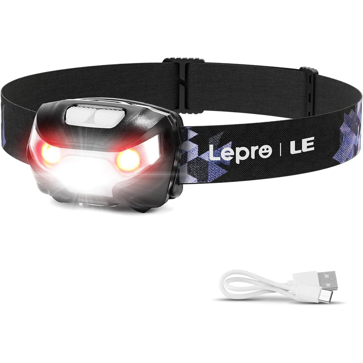 Lepro LED Headlamp Rechargeable IPX4 Waterproof Headlight 5 Modes - Black