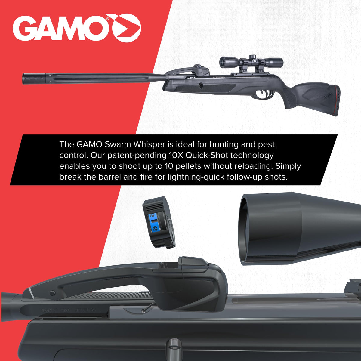 Gamo Swarm Whisper 10X Multi-Shot Break Barrel Pellet Air Rifle - 10-Rounds