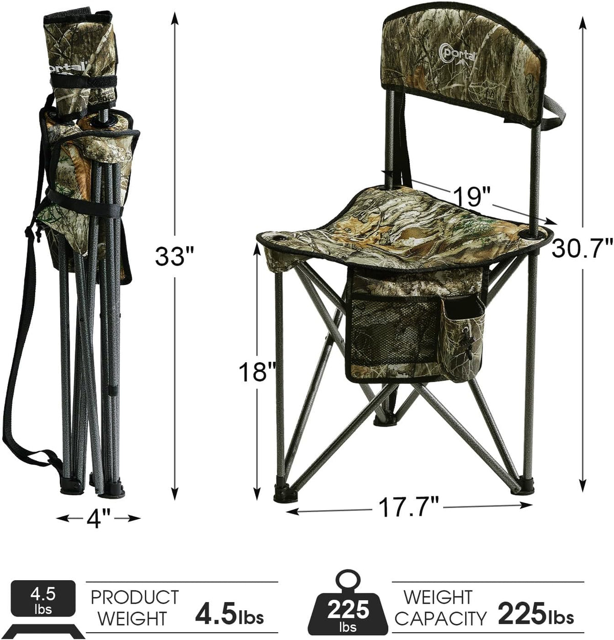 Portal Extra Large Quick Folding Tripod Stool with Backrest Fishing Camping Chair with Carry Strap