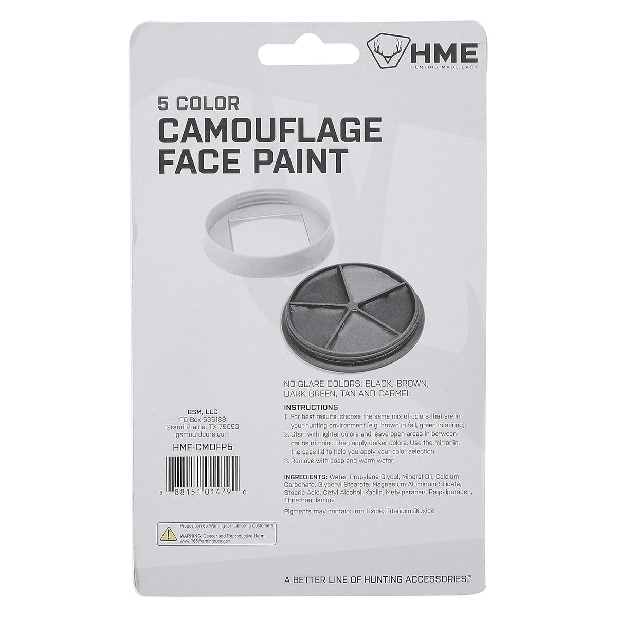 HME Camo Face Paint Kit with Mirror - Long-Lasting Non-Glare Easy-to-Use Concealment Makeup for Hunting in Compact Case, 5 Colors