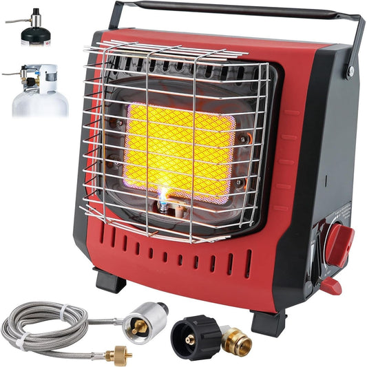 Portable Outdoor Heater with 8FT Hose, 9000 BTU Propane Heater Fuel by Butane/Propane, Self-Ignition, Tip-over&Low-Oxygen Safety Shutoff, Compact Camping&RV Heater for Tents, Hiking(Fuel not included)