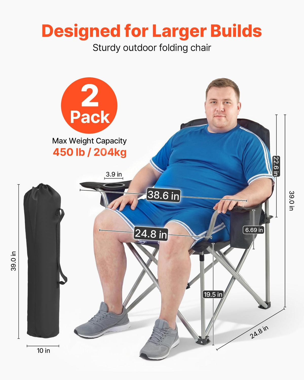 VEVOR Oversized Camping Folding Chair, Portable Heavy Duty Outdoor Quad Lumbar Back Padded with Side Pockets, Cup Holder and Cooler Bag for Beach, Lawn, Picnic, Fishing, Backpacking, Black