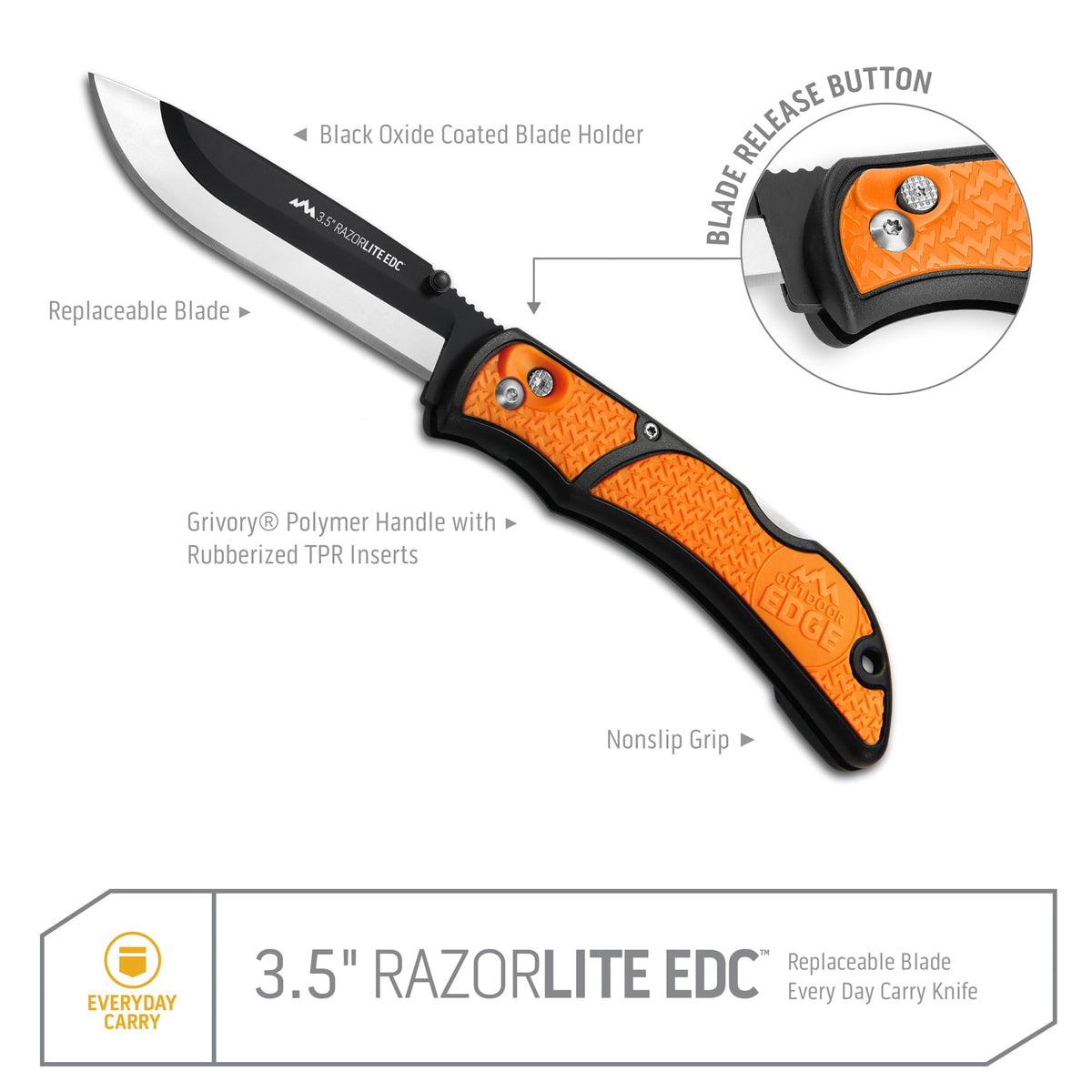 OUTDOOR EDGE 3.5" RazorLite EDC Pocket Knife (Obsidian Black), with Replaceable Blades and Clip, Perfect Carry Knive for Camping, Hunting and Survival, Includes 12 Black Steel Drop Point Blades