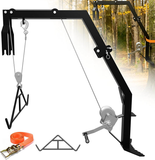 Tree Mounted Deer Hoist with Gambrel - 500lbs Game Hoist with Winch, Ratchet Strap, 23ft Cable, Portable Detachable Hunting Kit for Heavy Duty Deer Hanger for Skinning, Field Dressing