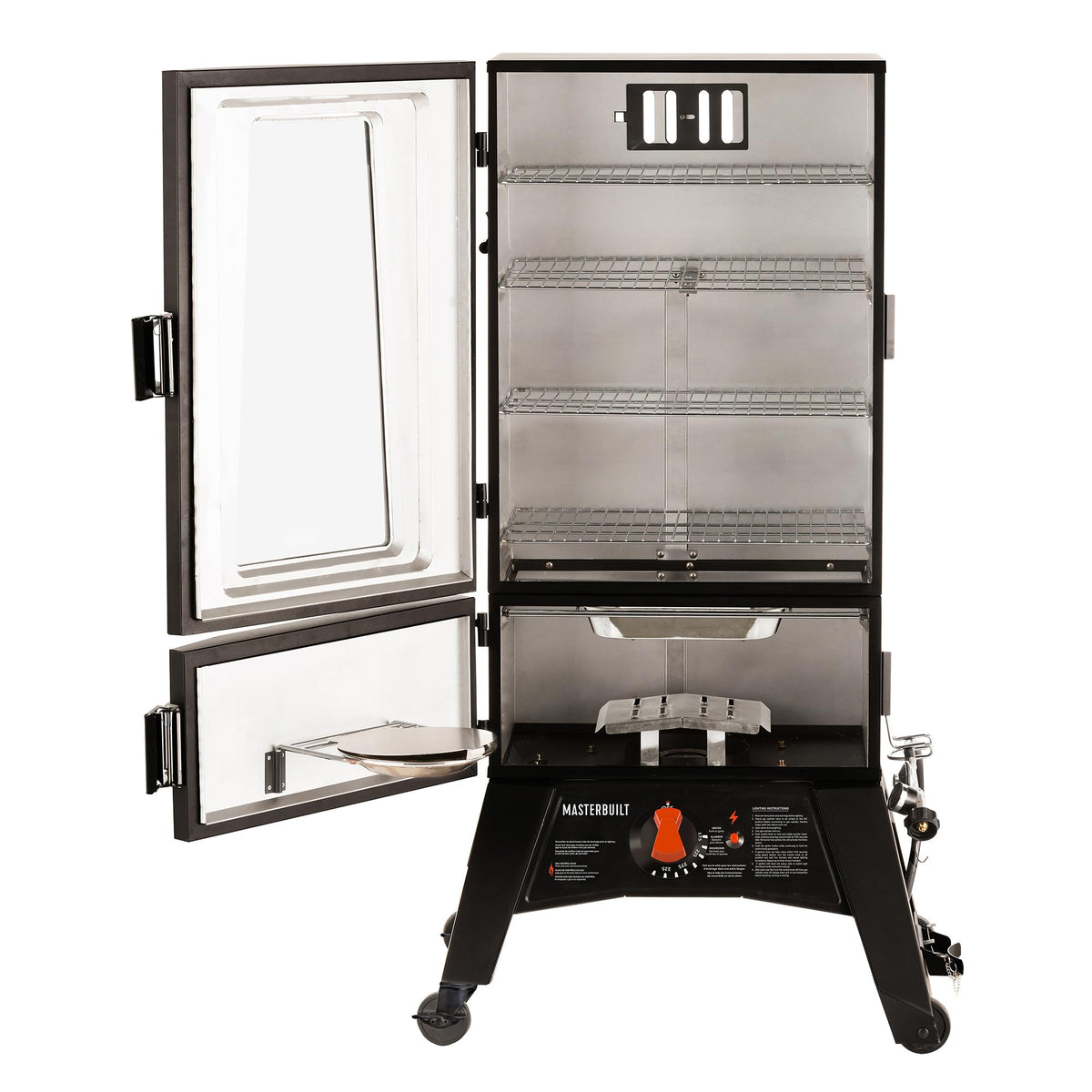 Masterbuilt 30-Inch Dual Fuel Propane & Charcoal Vertical Smoker with 730 Sq. In. Cooking Space, Push-Button Ignition, Temperature Gauge, 4 Smoking Racks, Black