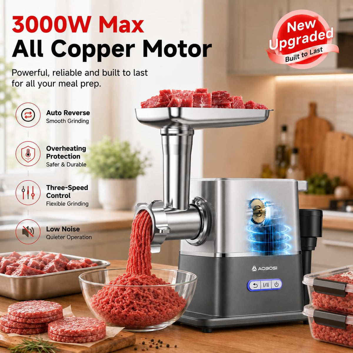 AAOBOSI Multifunctional Digital Meat Grinder Electric 3000W Max