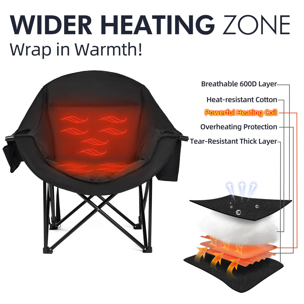 Heated Oversized Camping Chair - Heavy Duty Padded Comfy Warm Outdoor Chair