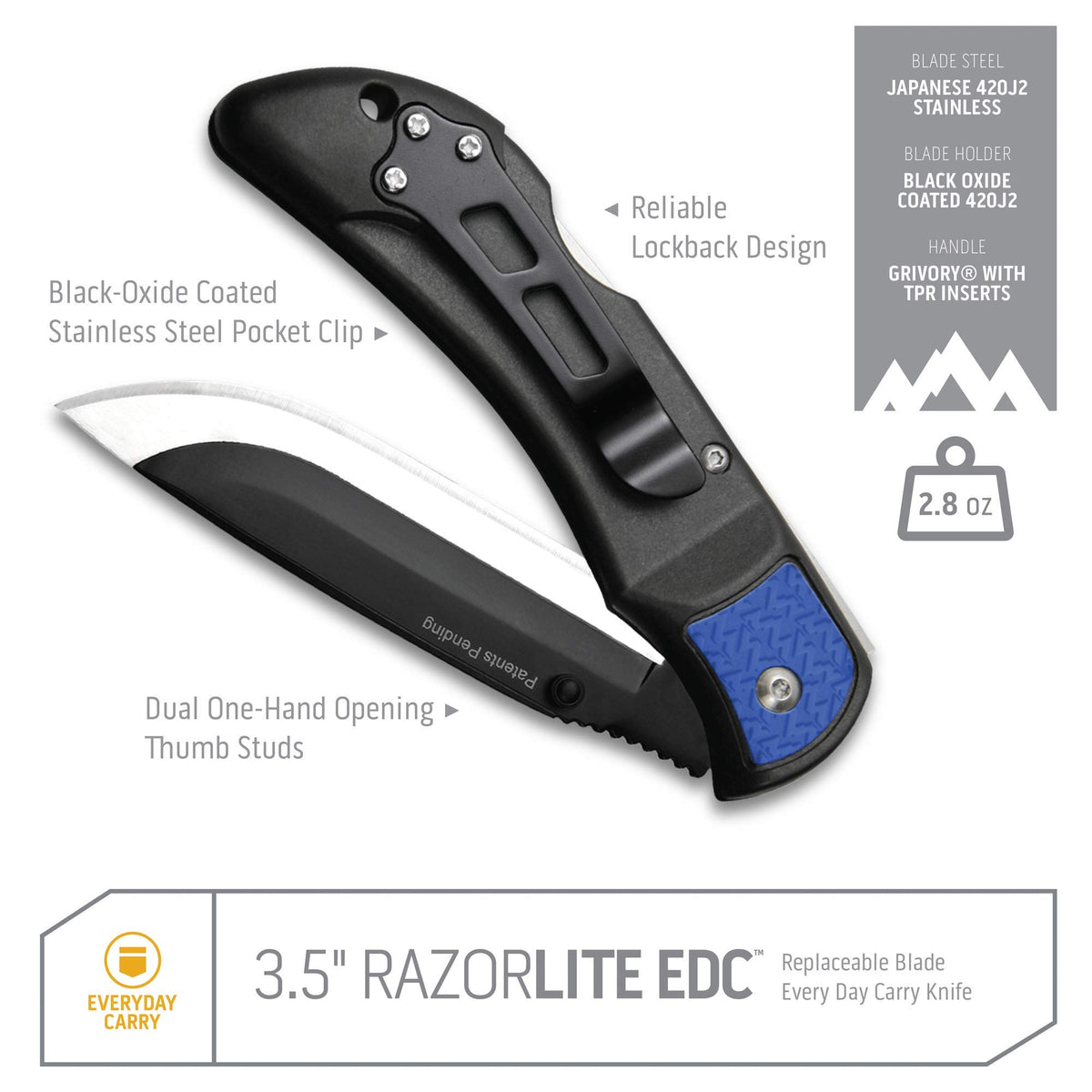 OUTDOOR EDGE 3.5" RazorLite EDC Pocket Knife (Obsidian Black), with Replaceable Blades and Clip, Perfect Carry Knive for Camping, Hunting and Survival, Includes 12 Black Steel Drop Point Blades